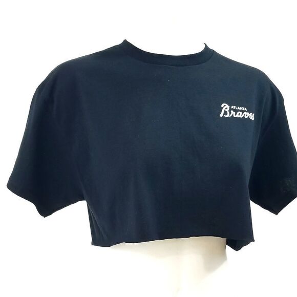 Atlanta Braves Double Script Retro Logo MLB Cropped Crop Top Baseball Jersey Tee - Picture 2 of 6